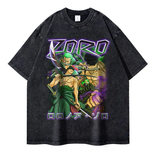 "RORO-ZORO" - One Piece Zoro Anime Oversized Vintage Washed T-Shirt - Keycap Universes